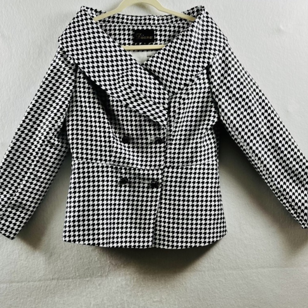 DIANA Houndstooth Black&White Shawl Collar Dbl Breasted Waist Length Blazer Sz 8